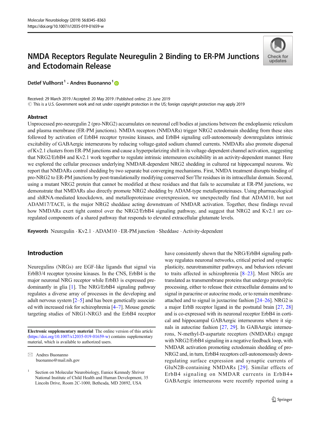 NMDA Receptors Regulate Neuregulin 2 Binding to ER-PM Junctions and Ectodomain Release