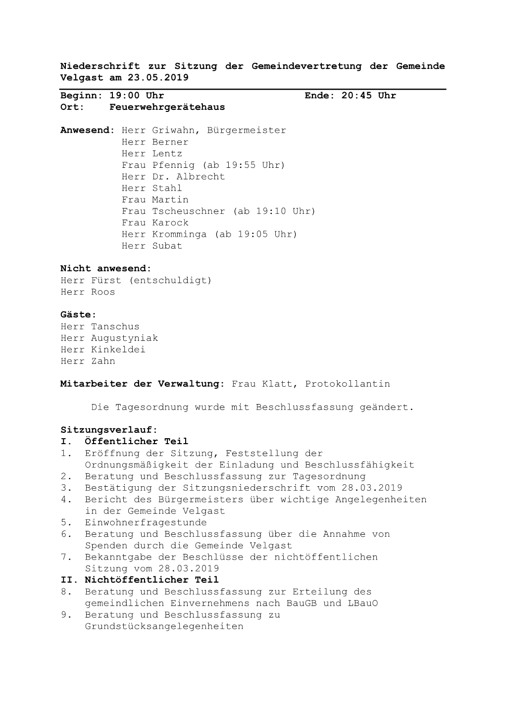 Niederschrift Zur Sitzung Der Gemeindevertretung Der Gemeinde Velgast Am 23.05.2019 Beginn: 19:00 Uhr Ende: 20:45 Uhr Ort: Feuerwehrgerätehaus