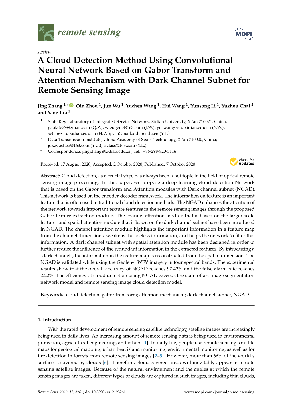 A Cloud Detection Method Using Convolutional Neural Network Based on Gabor Transform and Attention Mechanism with Dark Channel Subnet for Remote Sensing Image