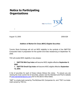 Notice to Participating Organizations 2005-028