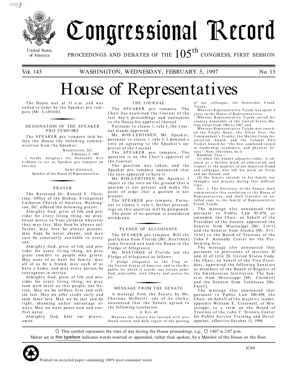 Congressional Record United States Th of America PROCEEDINGS and DEBATES of the 105 CONGRESS, FIRST SESSION