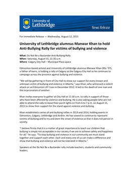 University of Lethbridge Alumnus Manwar Khan to Hold Anti-‐Bullying