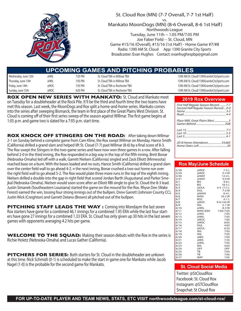 UPCOMING GAMES and PITCHING PROBABLES Wednesday, June 12Th @WIL 7:05 PM St