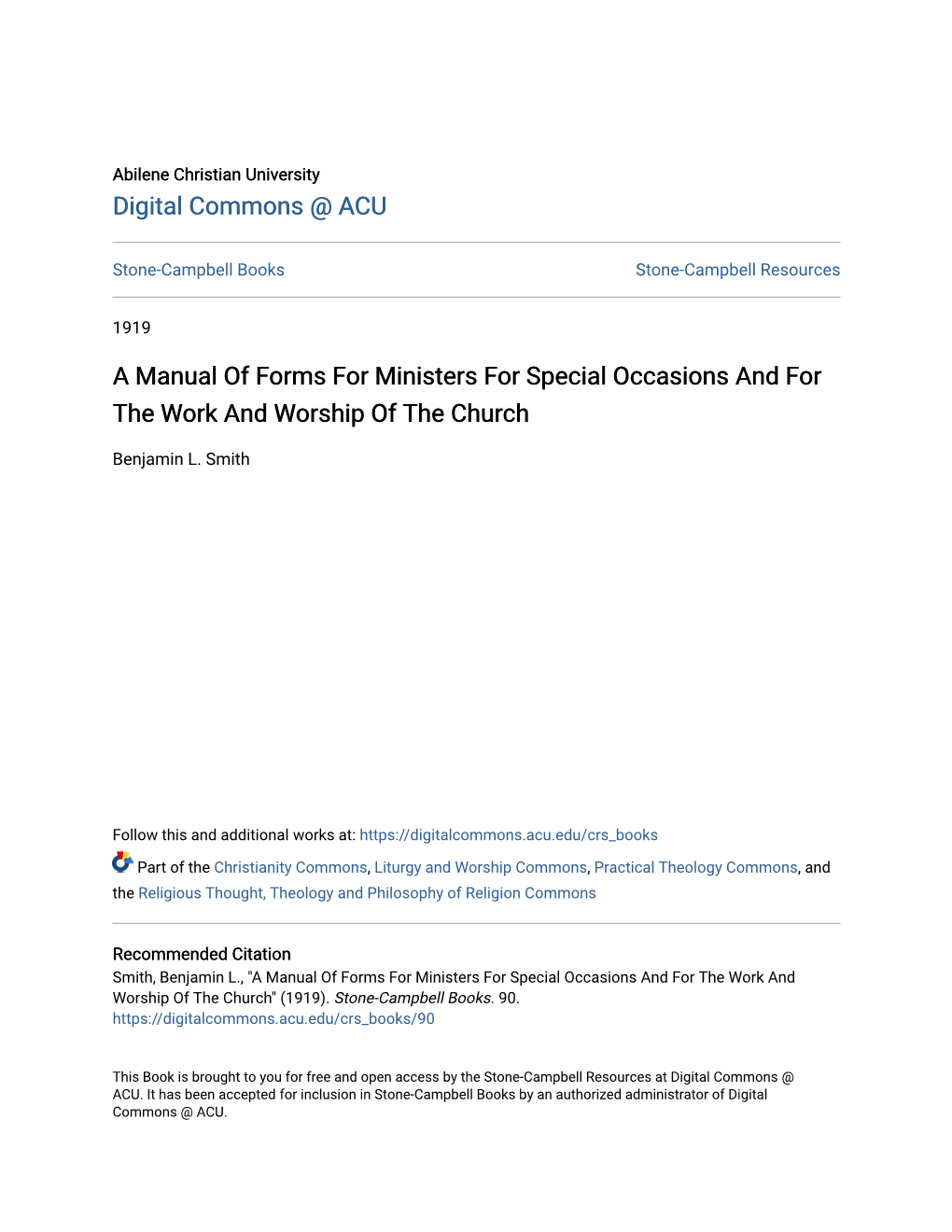 A Manual of Forms for Ministers for Special Occasions and for the Work and Worship of the Church