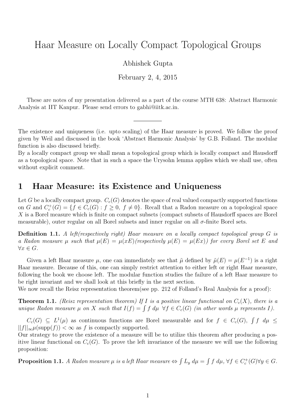 Haar Measure on Locally Compact Topological Groups