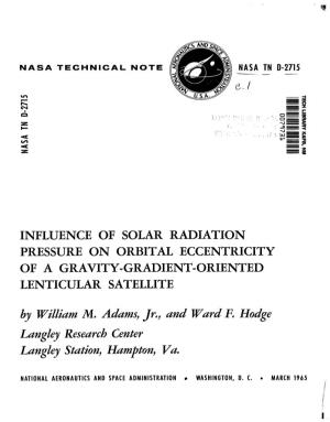INFLUENCE of SOLAR RADIATION PRESSURE on ORBITAL ECCENTRICITY of a GRAVITY-GRADIENT-ORIENTED LENTICULAR SATELLITE by William M