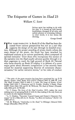 The Etiquette of Games in Iliad 23 Scott, William C Greek, Roman and Byzantine Studies; Fall 1997; 38, 3; Proquest Pg