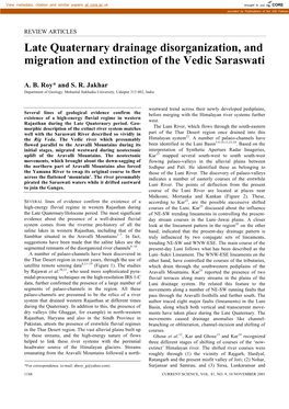 Late Quaternary Drainage Disorganization, and Migration and Extinction of the Vedic Saraswati