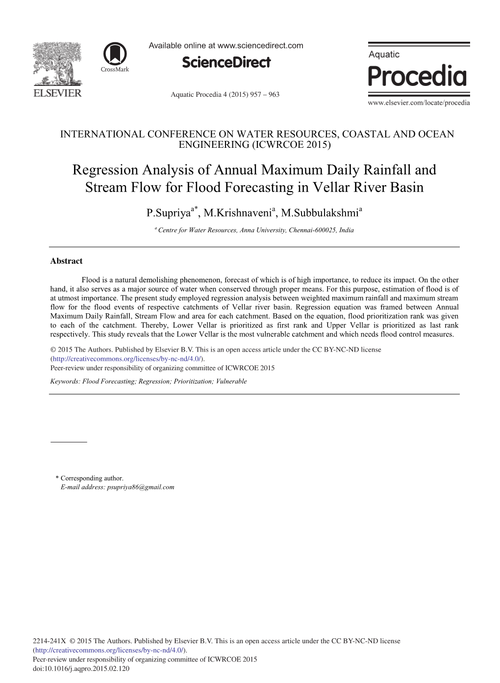 Regression Analysis of Annual Maximum Daily Rainfall and Stream Flow for Flood Forecasting in Vellar River Basin