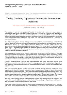 Taking Celebrity Diplomacy Seriously in International Relations Written by Andrew F