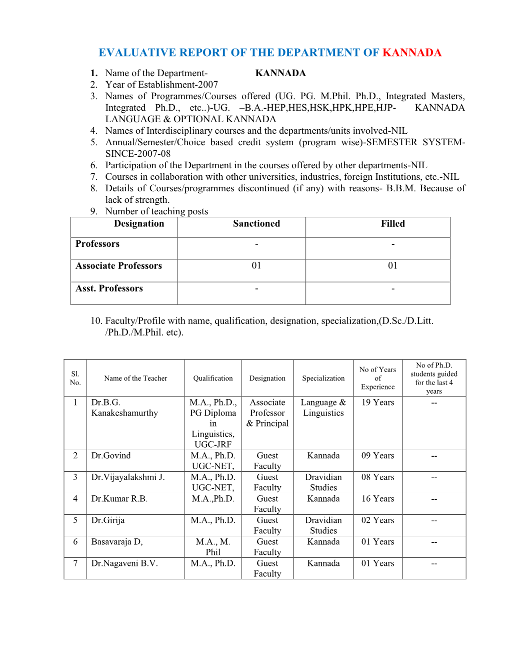 Evaluative Report of the Department of Kannada 1