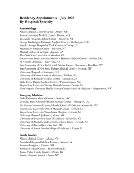 Residency Appointments – July 2005 by Hospital/Specialty
