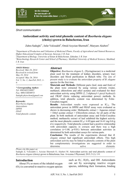 Antioxidant Activity and Total Phenolic Content of Boerhavia Elegans (Choisy) Grown in Baluchestan, Iran