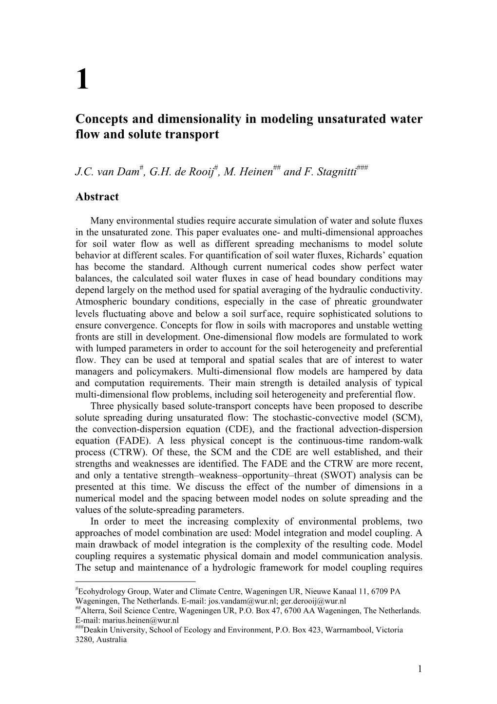 Concepts and Dimensionality in Modeling Unsaturated Water Flow and Solute Transport