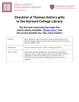 Checklist of Thomas Hollis's Gifts to the Harvard College Library.Pdf
