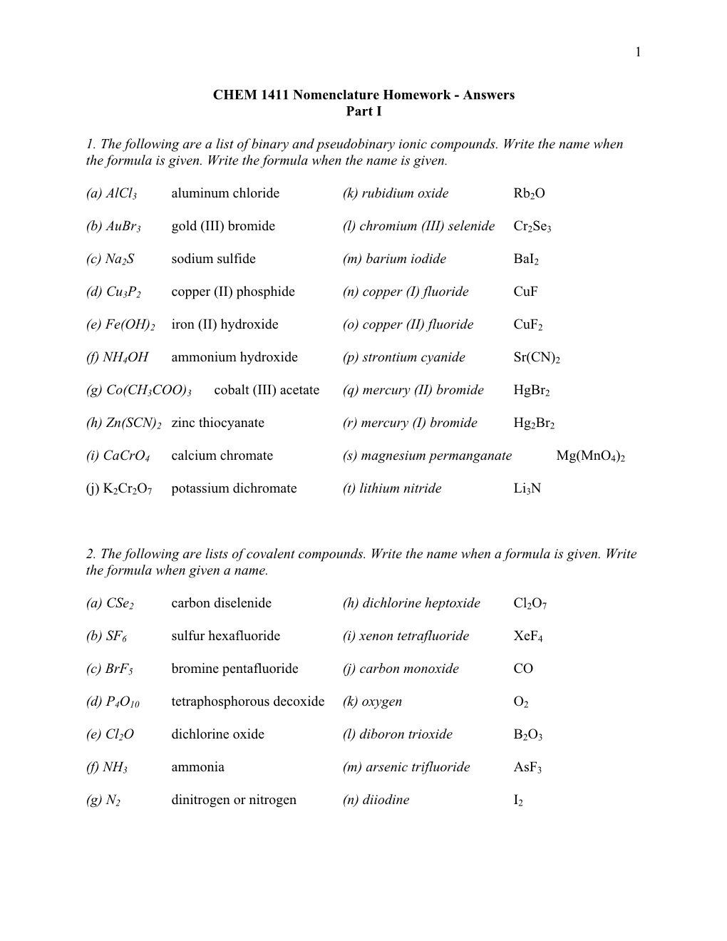 CHEM 1411 Nomenclature Homework - Answers Part I