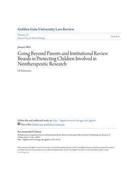 Going Beyond Parents and Institutional Review Boards in Protecting Children Involved in Nontherapeutic Research Efi Rubinstein