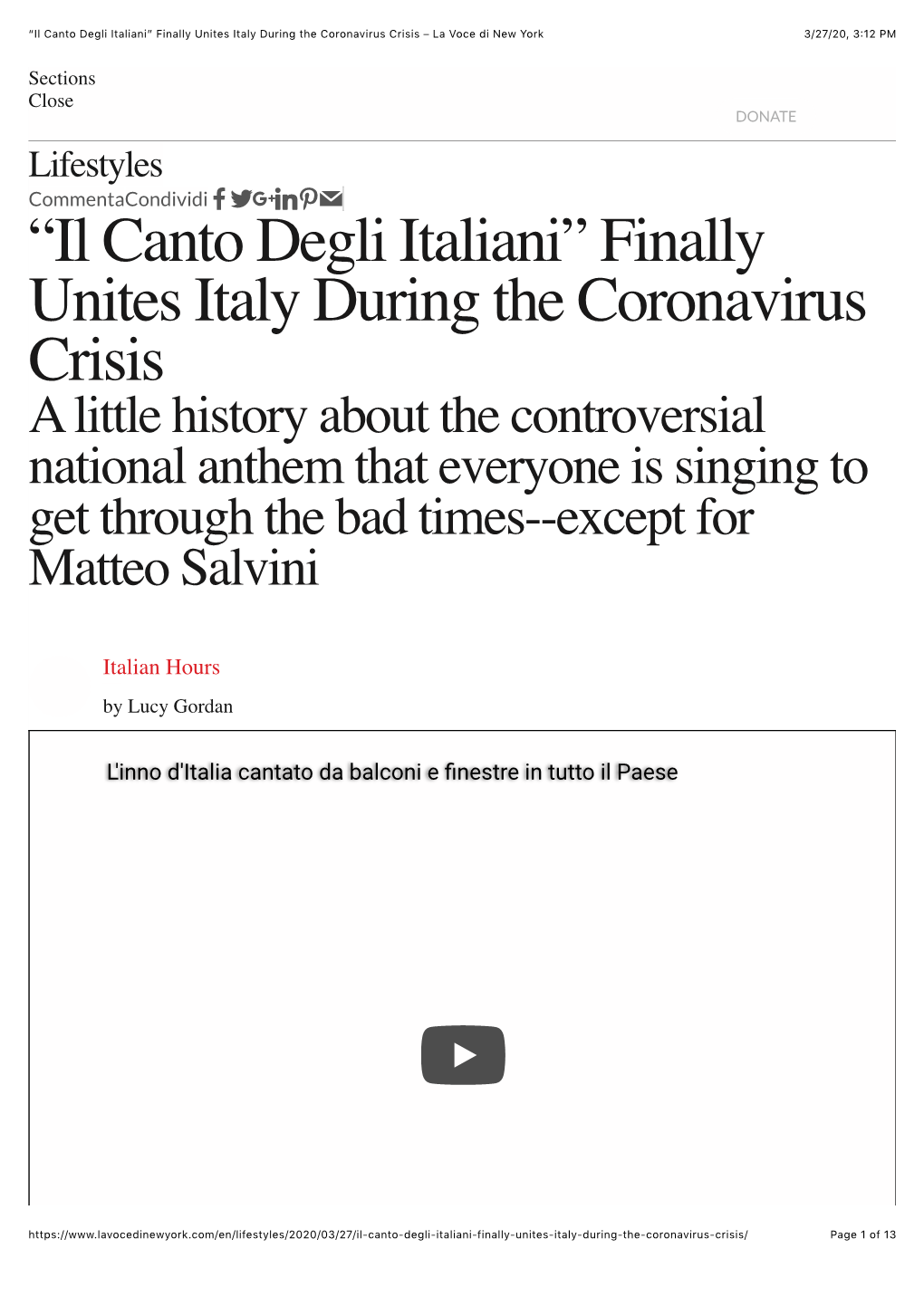 “Il Canto Degli Italiani” Finally Unites Italy During the Coronavirus Crisis – La Voce Di New York 3/27/20, 3�12 PM