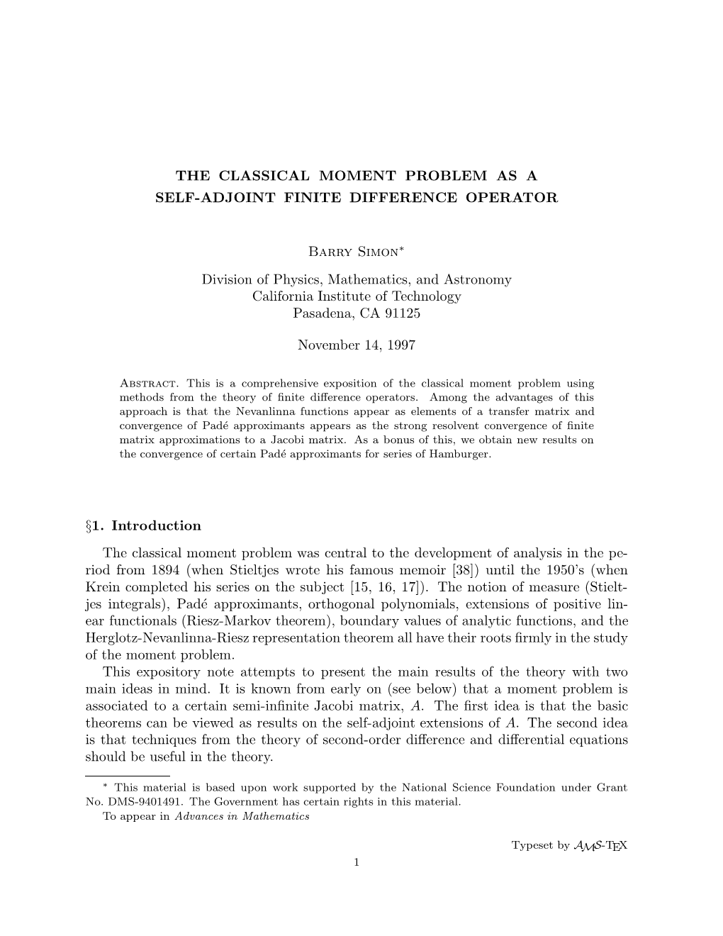 The Classical Moment Problem As a Self-Adjoint Finite Difference Operator