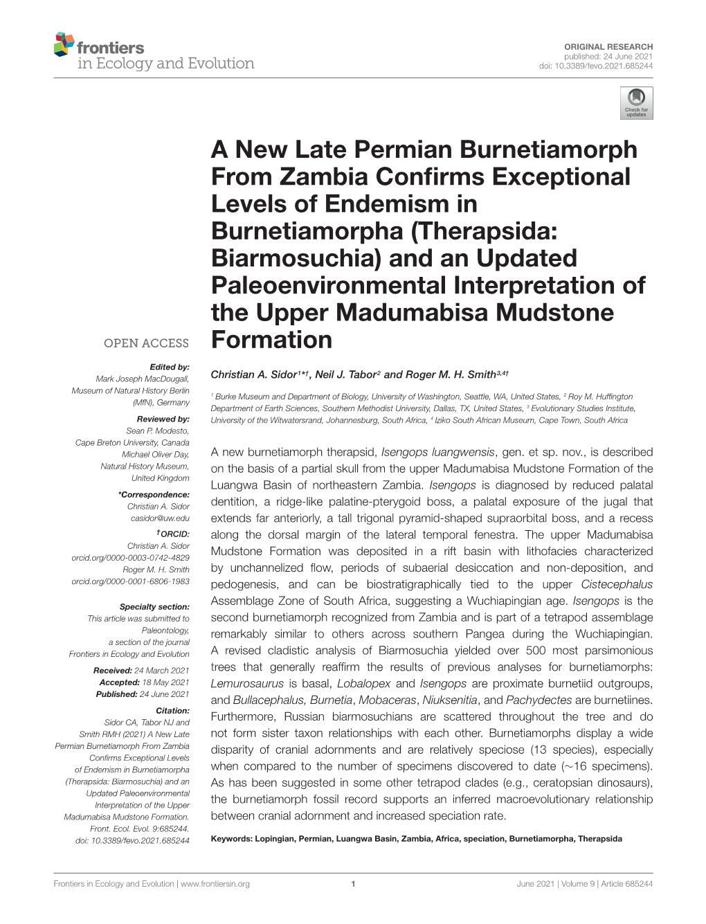 A New Late Permian Burnetiamorph from Zambia Confirms Exceptional