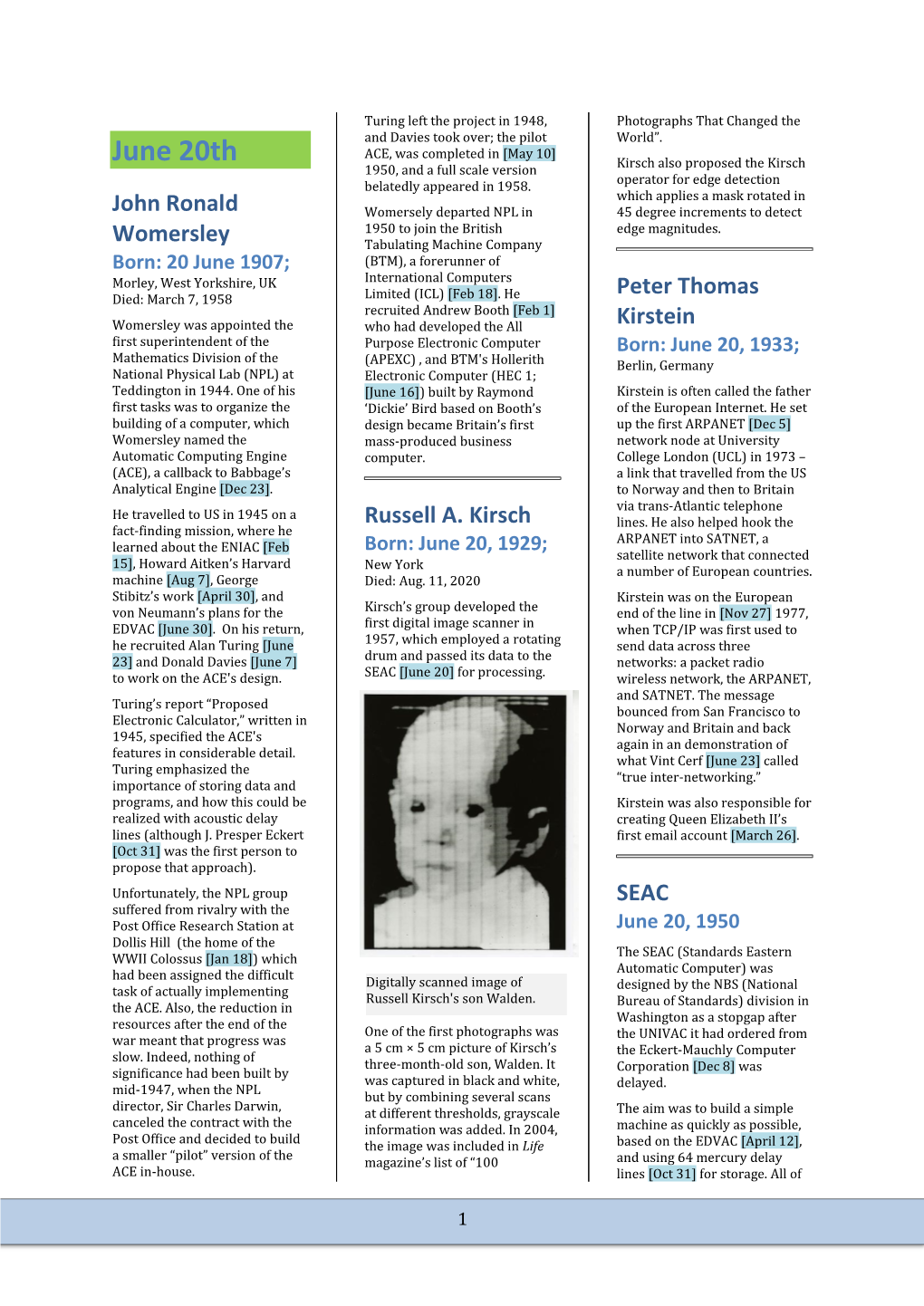 June 20Th Kirsch Also Proposed the Kirsch 1950, and a Full Scale Version Operator for Edge Detection Belatedly Appeared in 1958