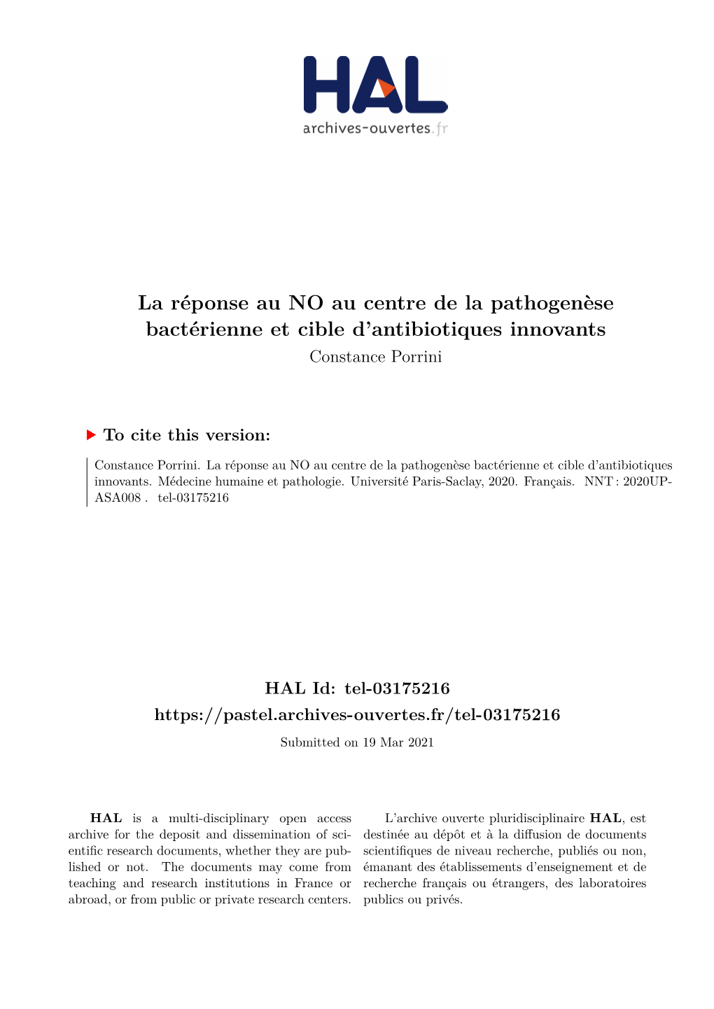 La Réponse Au NO Au Centre De La Pathogenèse Bactérienne Et Cible D’Antibiotiques Innovants Constance Porrini