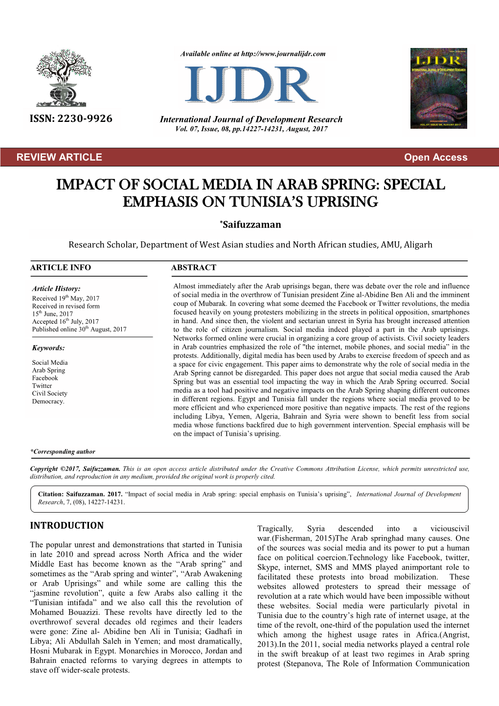 Impact of Social Media in Arab Spring: Special Emphasis on Tunisia’S Uprising