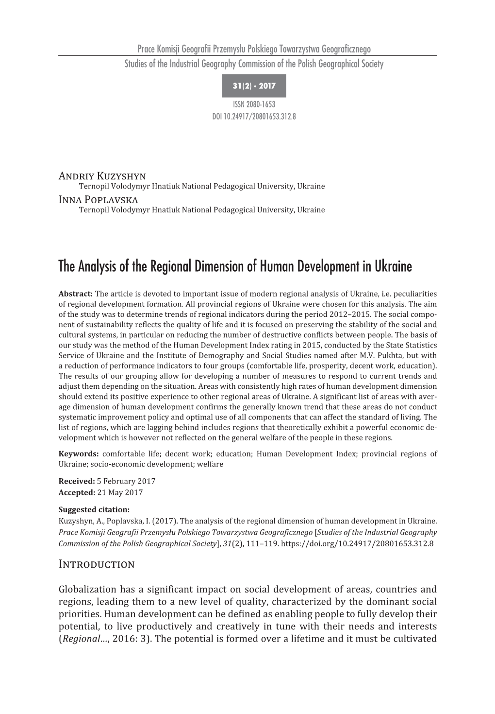The Analysis of the Regional Dimension of Human Development in Ukraine