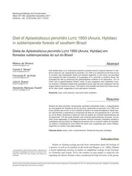 Diet of Aplastodiscus Perviridis Lutz 1950 (Anura, Hylidae) in Subtemperate Forests of Southern Brazil