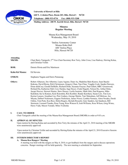 Minutes Regular Meeting Mauna Kea Management Board Wednesday