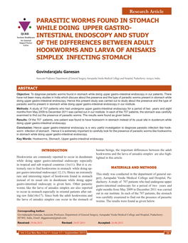 PARASITIC WORMS FOUND in STOMACH WHILE DOING UPPER GASTRO- IJCRR Section: Healthcare INTESTINAL ENDOSCOPY and STUDY Sci