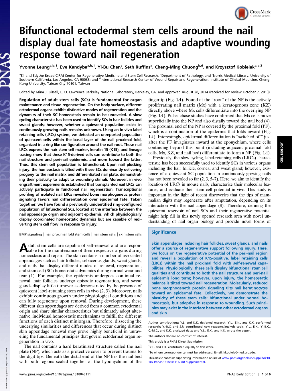 Bifunctional Ectodermal Stem Cells Around the Nail Display Dual Fate Homeostasis and Adaptive Wounding Response Toward Nail Regeneration