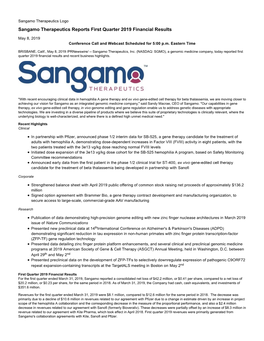 Sangamo Therapeutics Reports First Quarter 2019 Financial Results