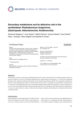 Secondary Metabolome and Its Defensive Role in the Aeolidoidean Phyllodesmium Longicirrum, (Gastropoda, Heterobranchia, Nudibranchia)