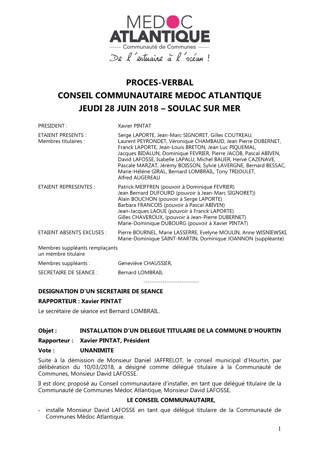 Proces-Verbal Conseil Communautaire Medoc Atlantique Jeudi 28 Juin 2018 – Soulac Sur Mer