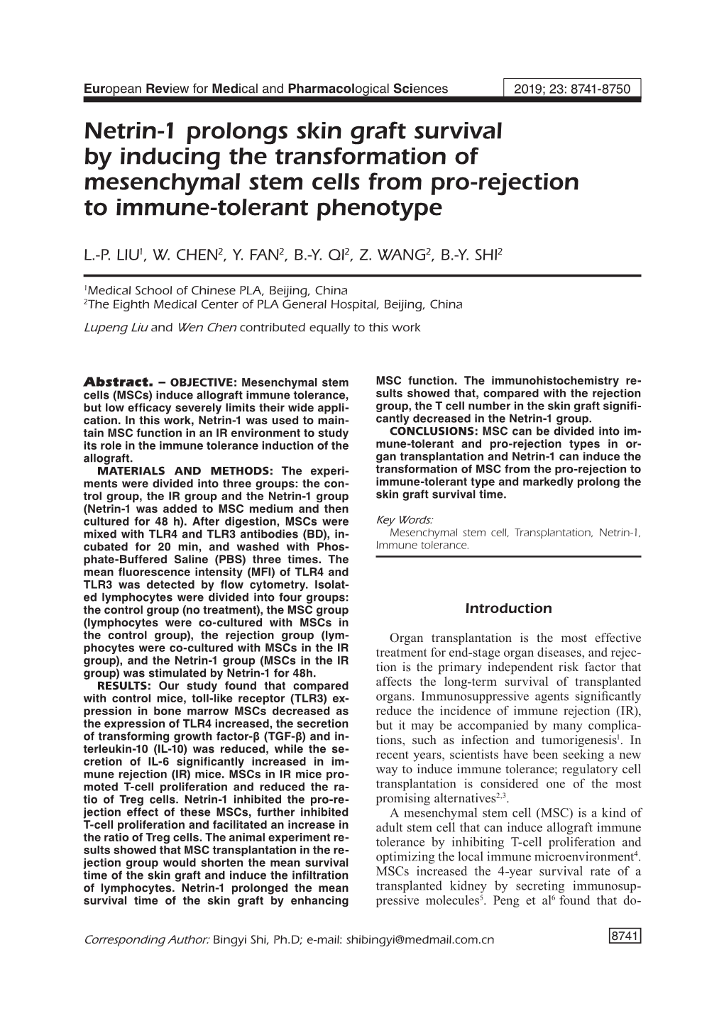 Netrin-1 Prolongs Skin Graft Survival by Inducing the Transformation of Mesenchymal Stem Cells from Pro-Rejection to Immune-Tolerant Phenotype