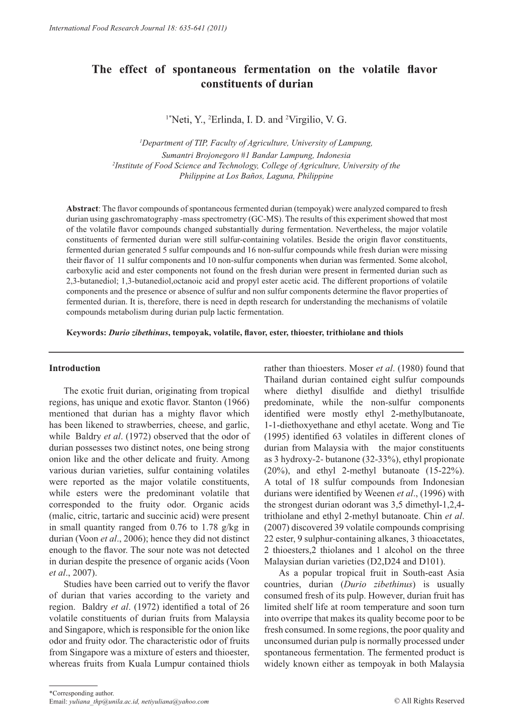 The Effect of Spontaneous Fermentation on the Volatile Flavor Constituents of Durian