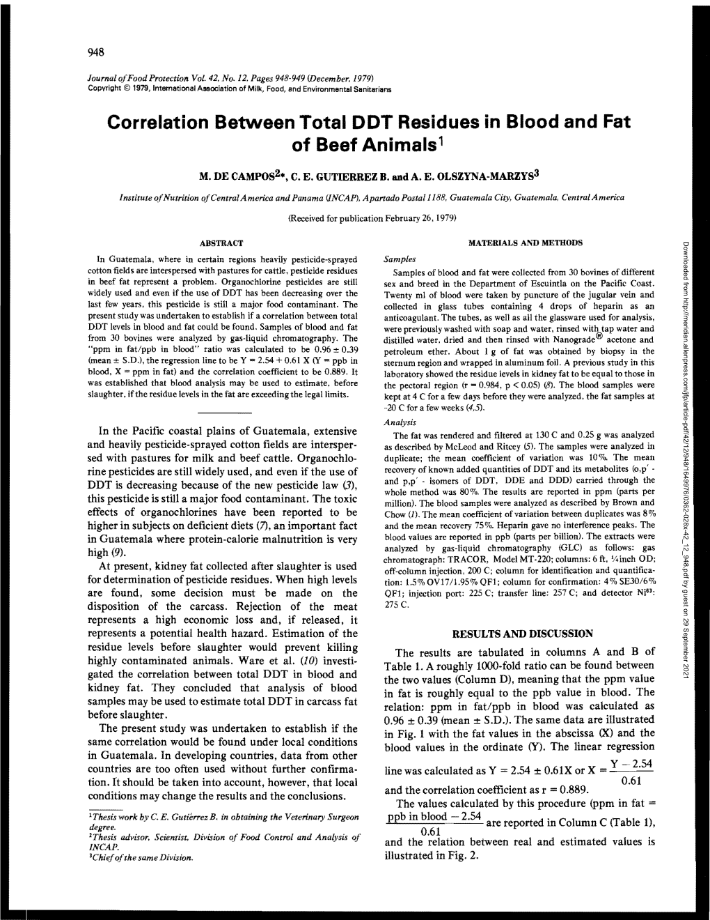 Correlation Between Total DDT Residues in Blood and Fat of Beef Animals 1