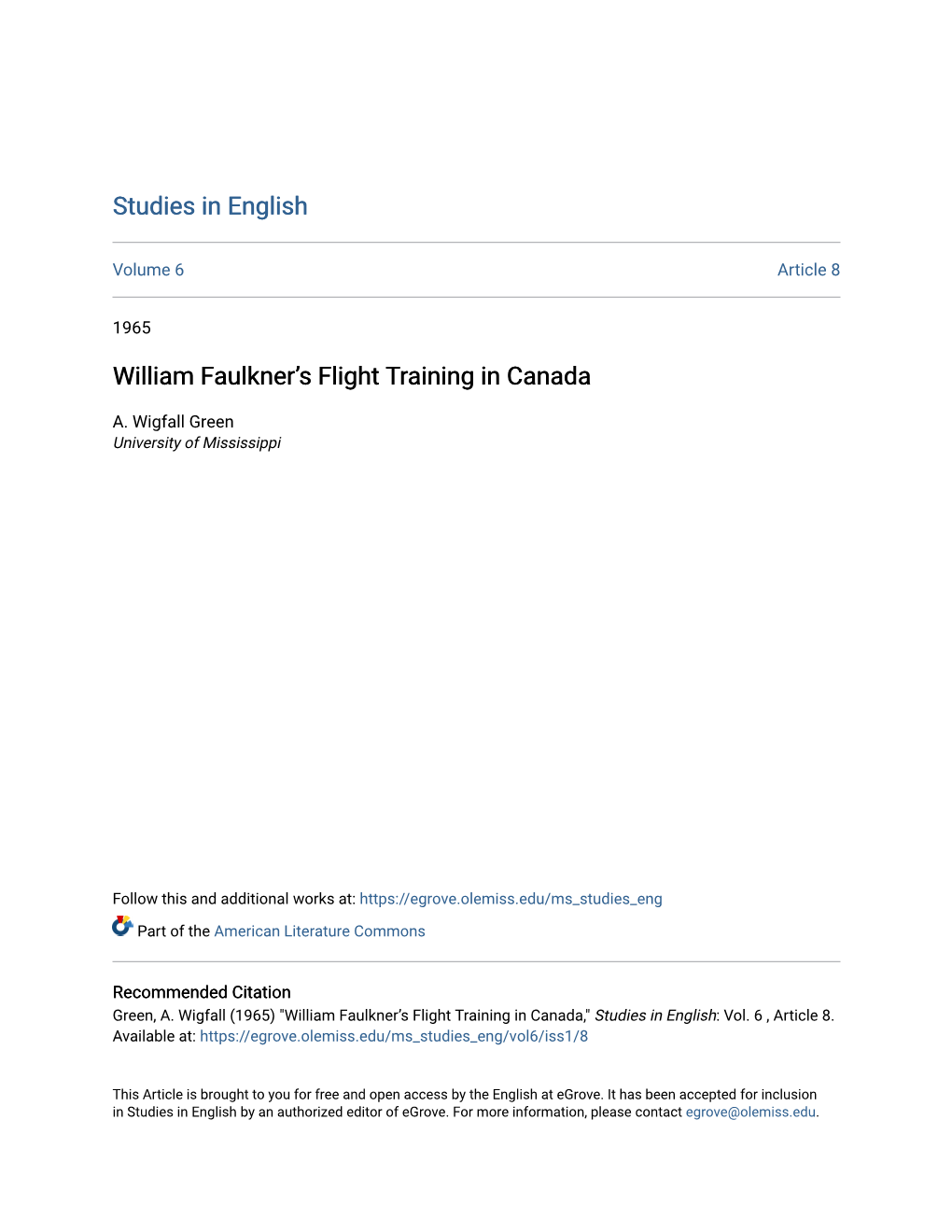 William Faulknerâ•Žs Flight Training in Canada