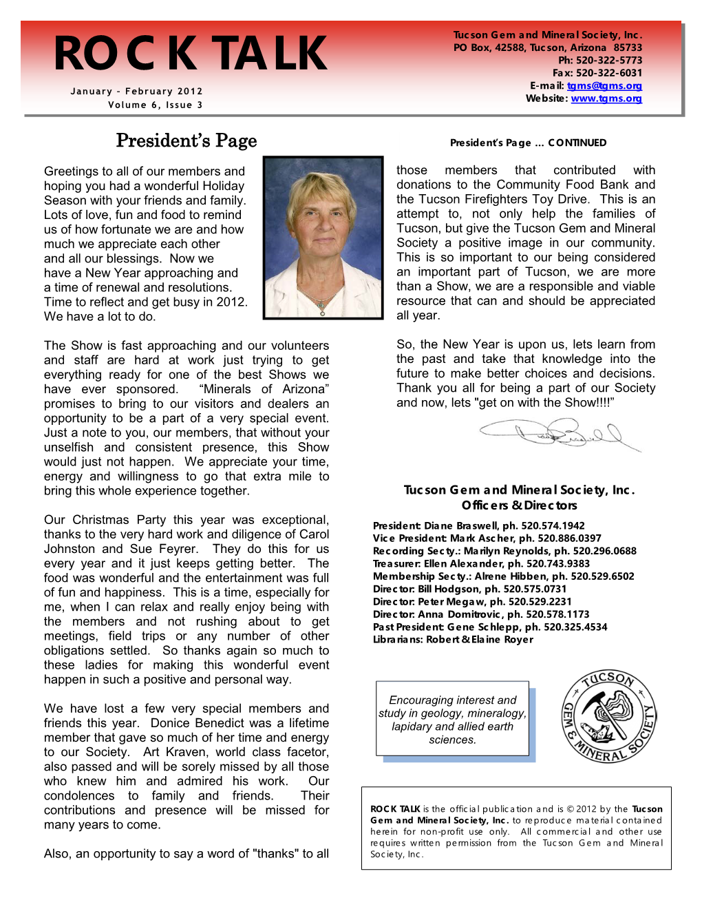 ROCK TALK Fax: 520-322-6031 E-Mail: Tgms@Tgms.Org January – February 2012 Website: Volume 6, Issue 3