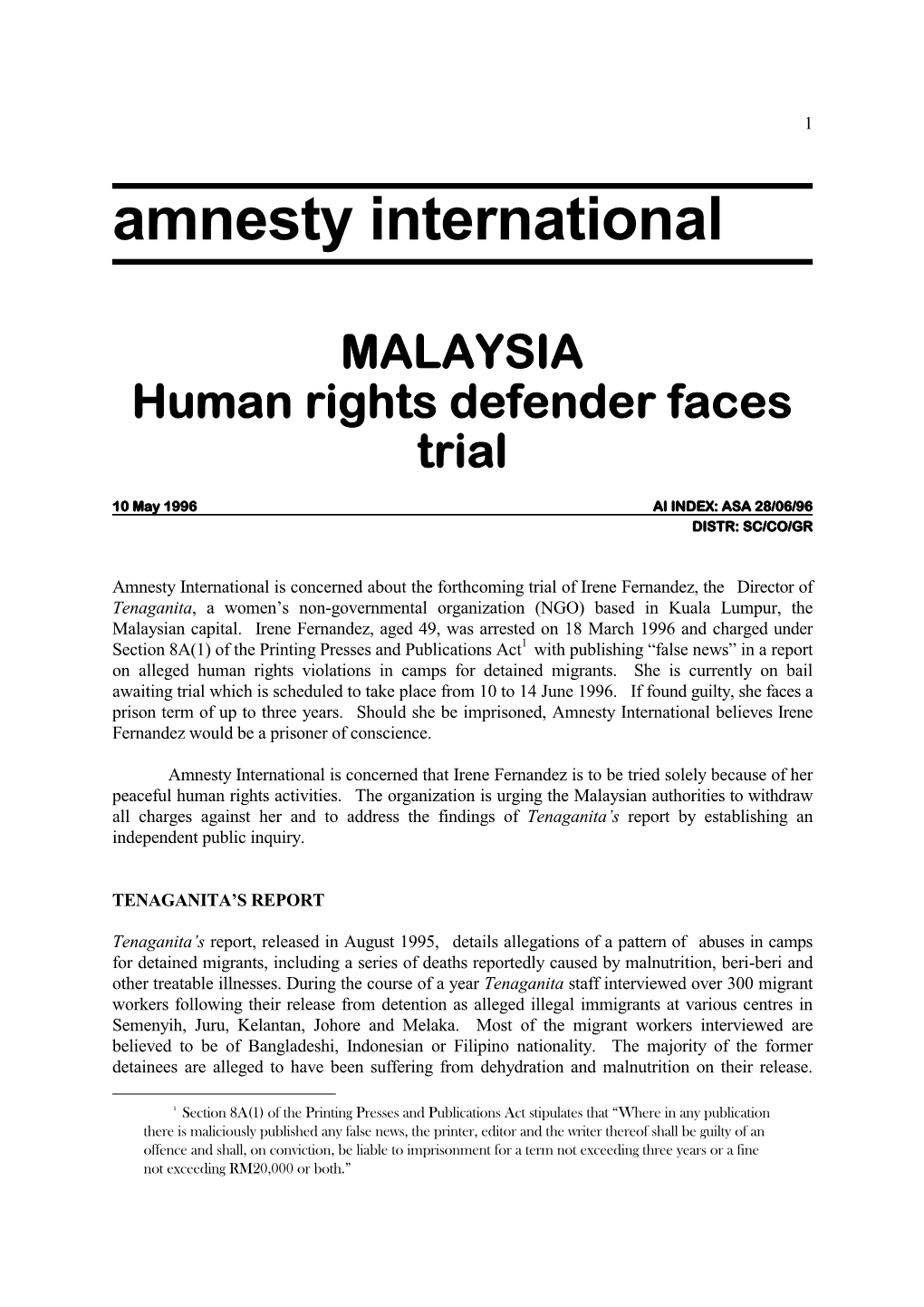 Amnesty International MALAYSIA Human Rights Defender Faces Trial