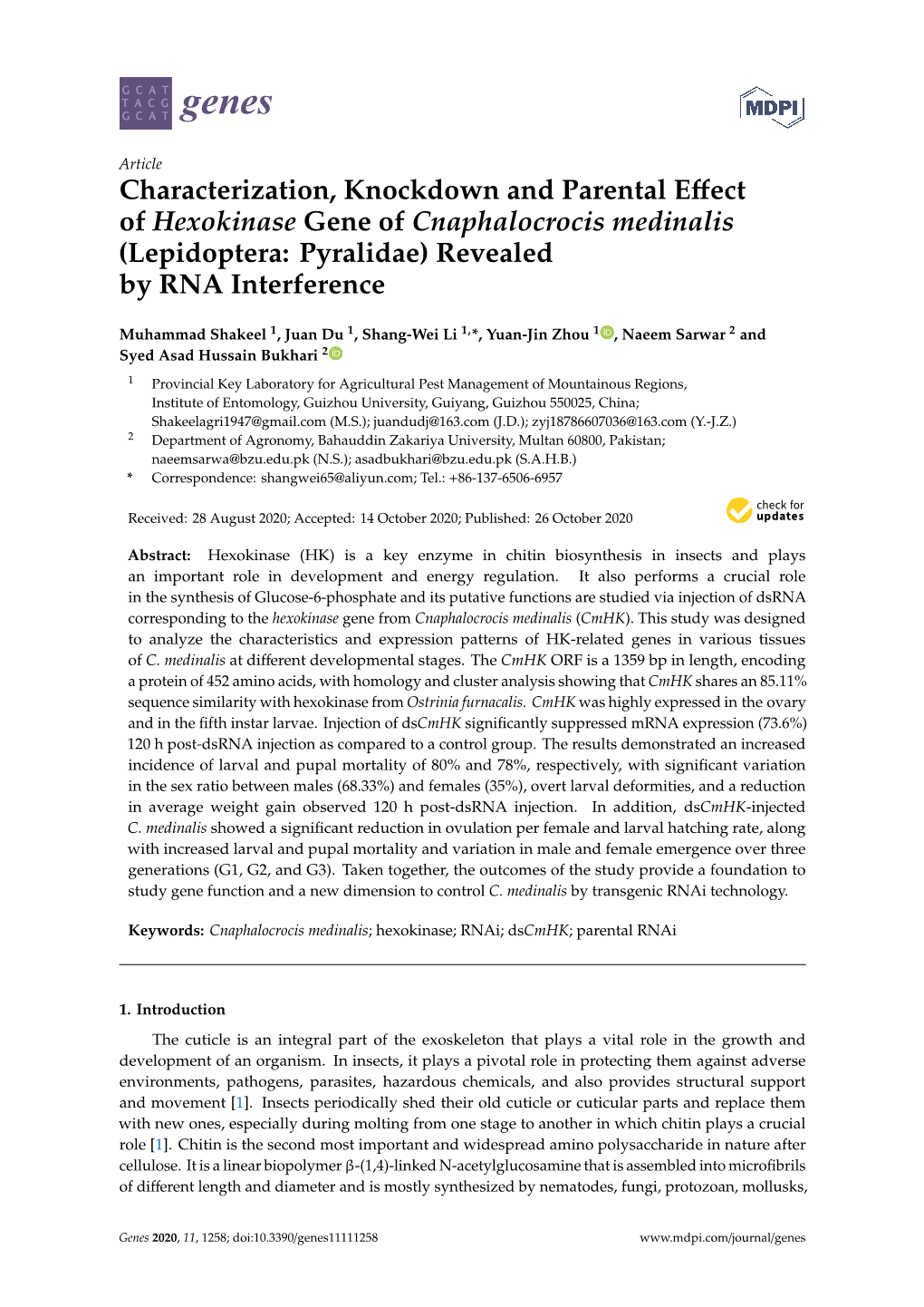 Characterization, Knockdown and Parental Effect of Hexokinase Gene of Cnaphalocrocis Medinalis