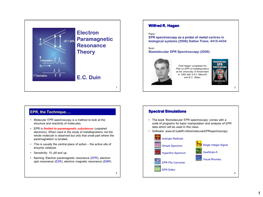 Electron Paramagnetic Resonance Theory E.C. Duin