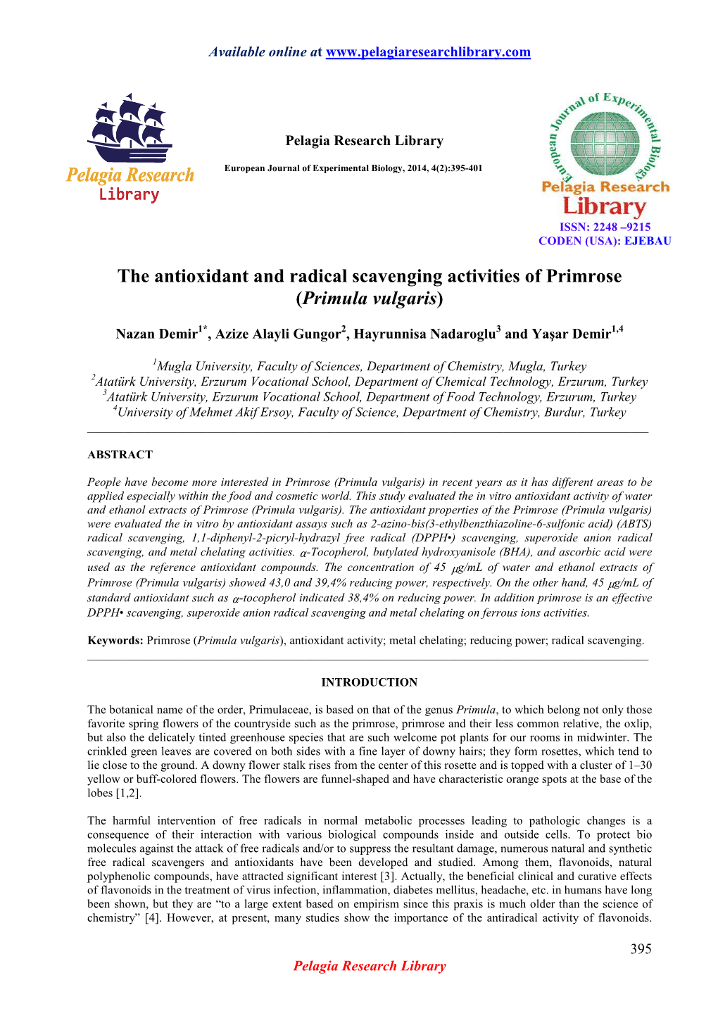 The Antioxidant and Radical Scavenging Activities of Primrose (Primula Vulgaris)