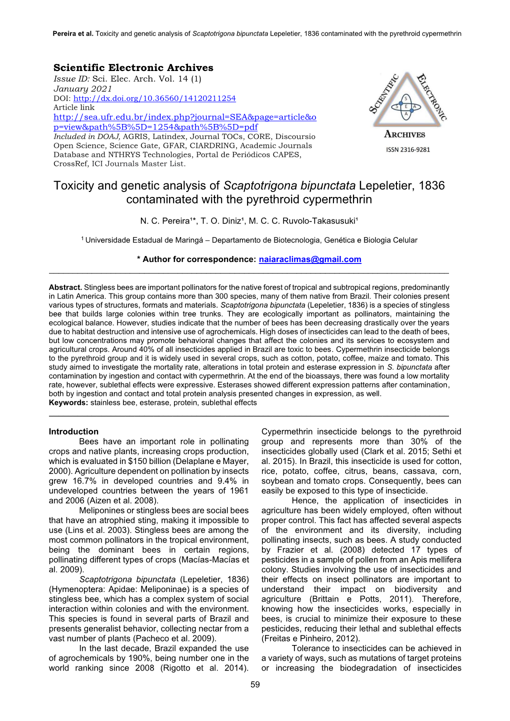 Toxicity and Genetic Analysis of Scaptotrigona Bipunctata Lepeletier, 1836 Contaminated with the Pyrethroid Cypermethrin