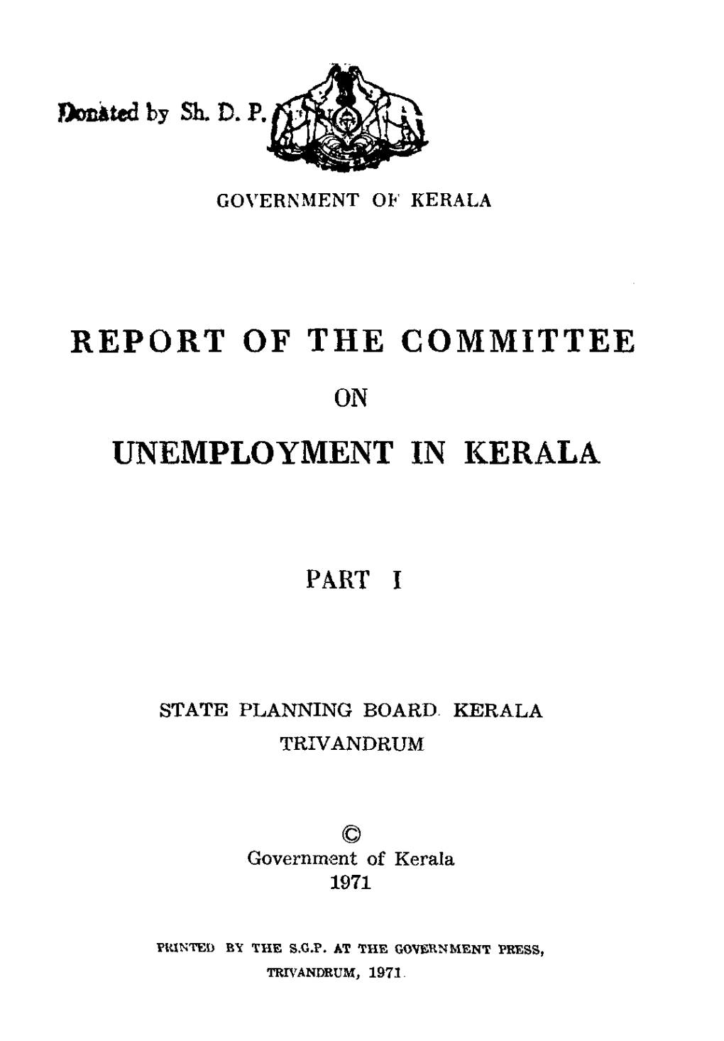 Report of the Committee Unemployment in Kerala