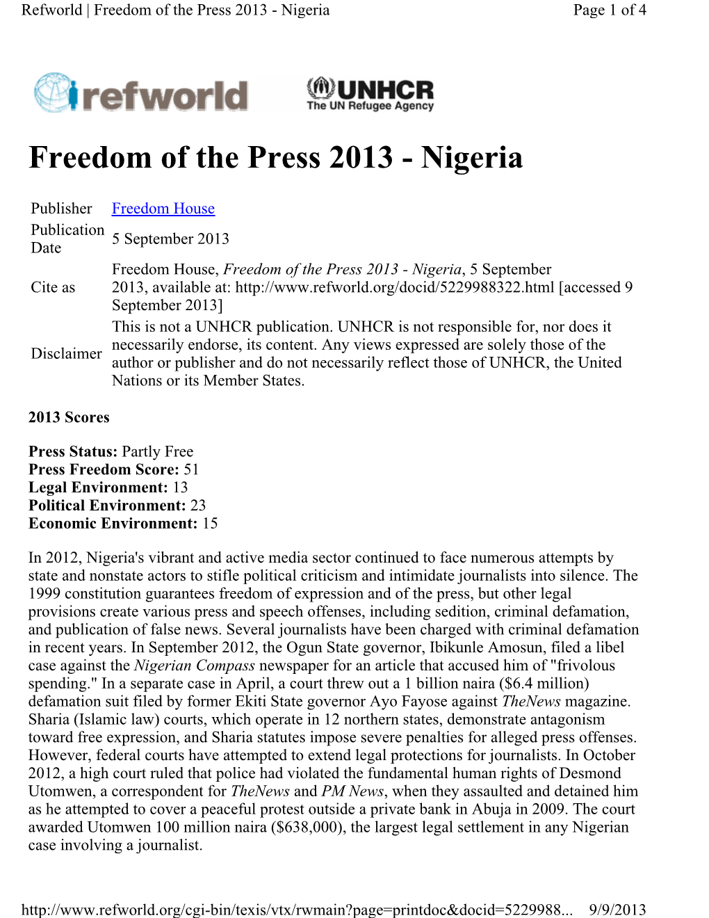 Freedom of the Press 2013 - Nigeria Page 1 of 4