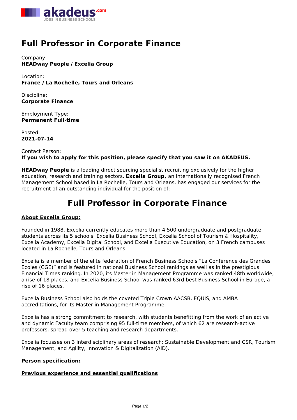 Full Professor in Corporate Finance
