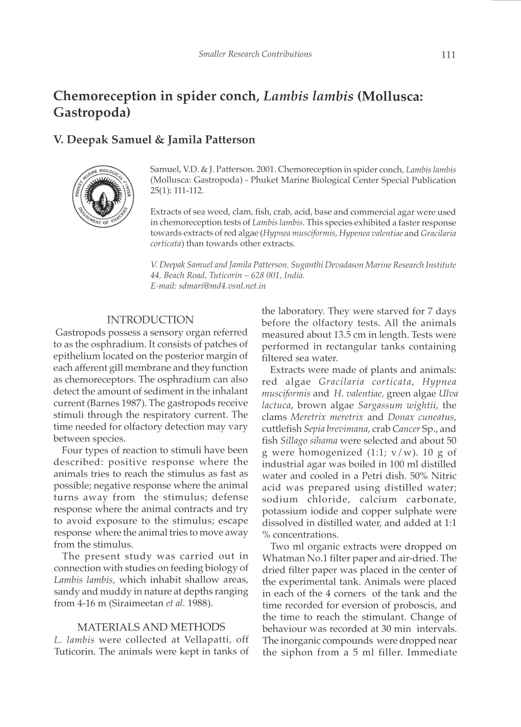 Chemoreception in Spider Conch, Lambis Lambis (Mollusca: Gastropoda)