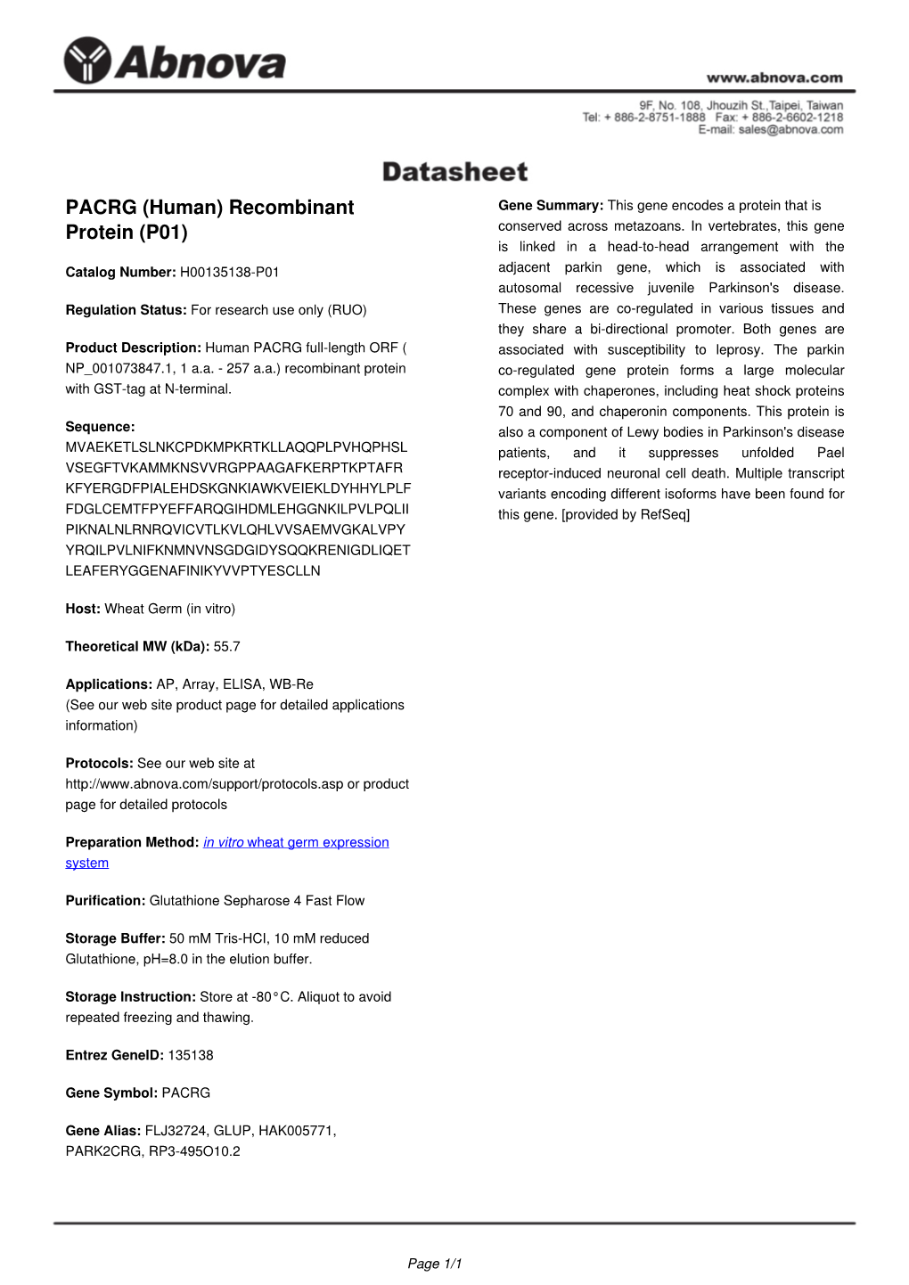 PACRG (Human) Recombinant Protein (P01)